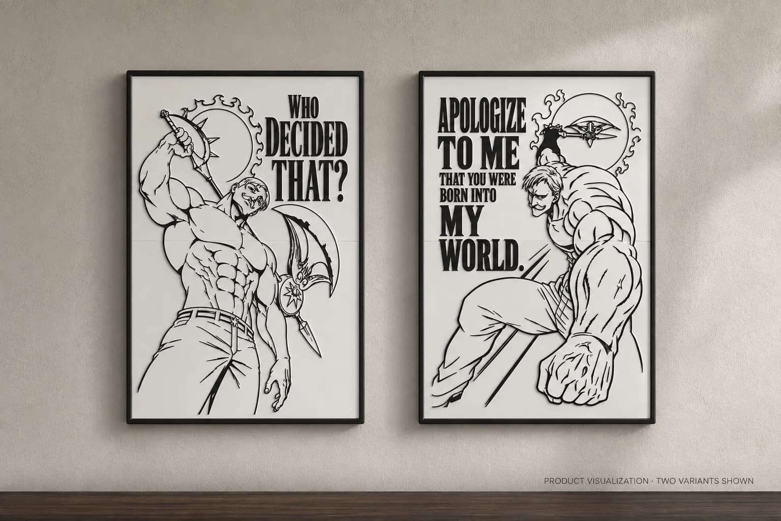 Product visualization of the two Escanor relief posters hanging side by side on a wall — two separately sold posters