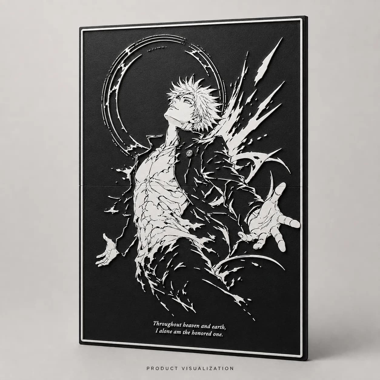 Studio product visualization of the Gojo The Honored One relief poster standing upright — white raised linework of Gojo looking upward with open arms, a broken halo and sweeping energy, with the quote in raised script, on a black backing with a white integral frame