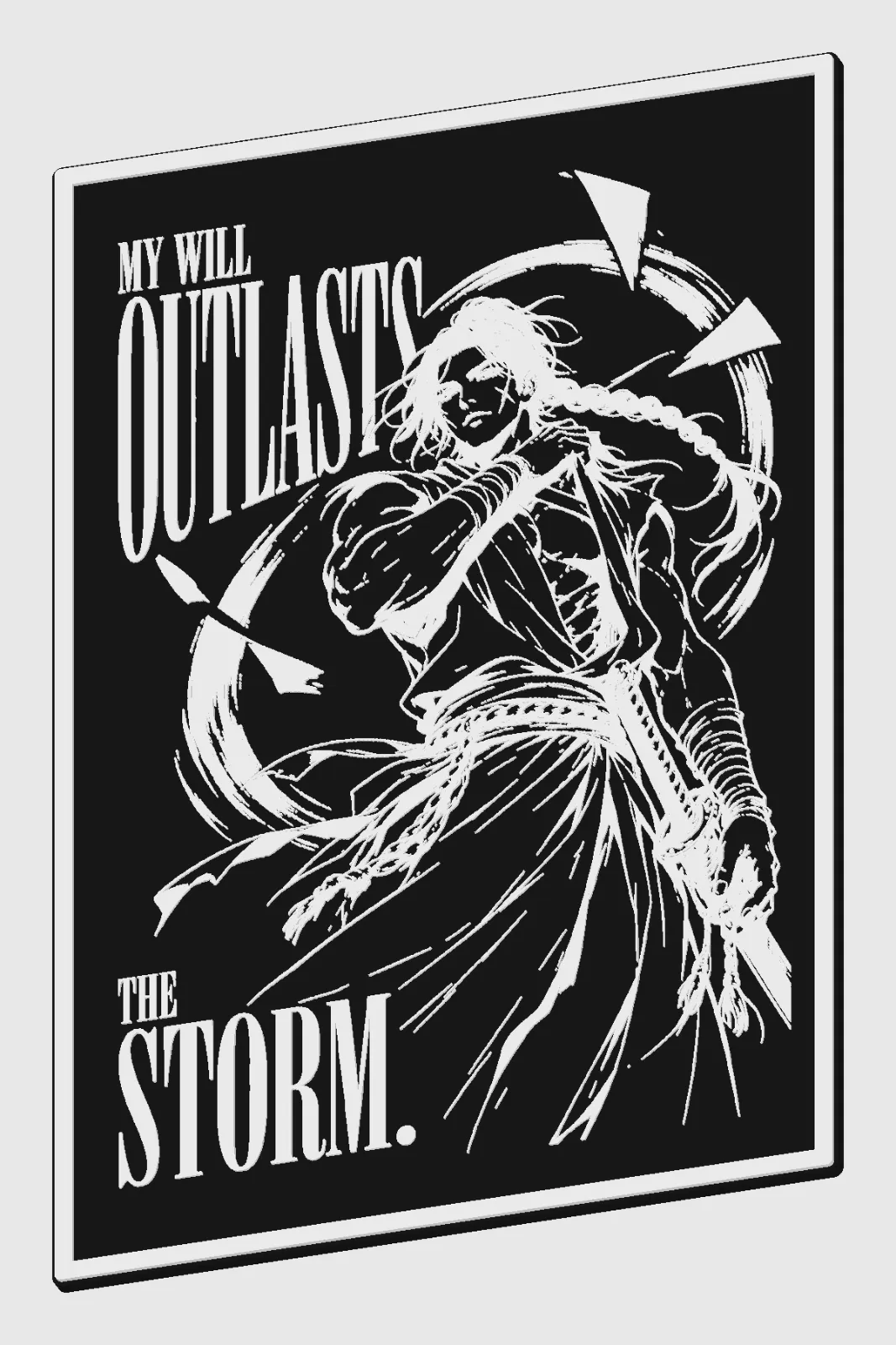 Digital model preview of the My Will relief poster, White on Black edition, shown at an angle to reveal the raised linework and integral frame
