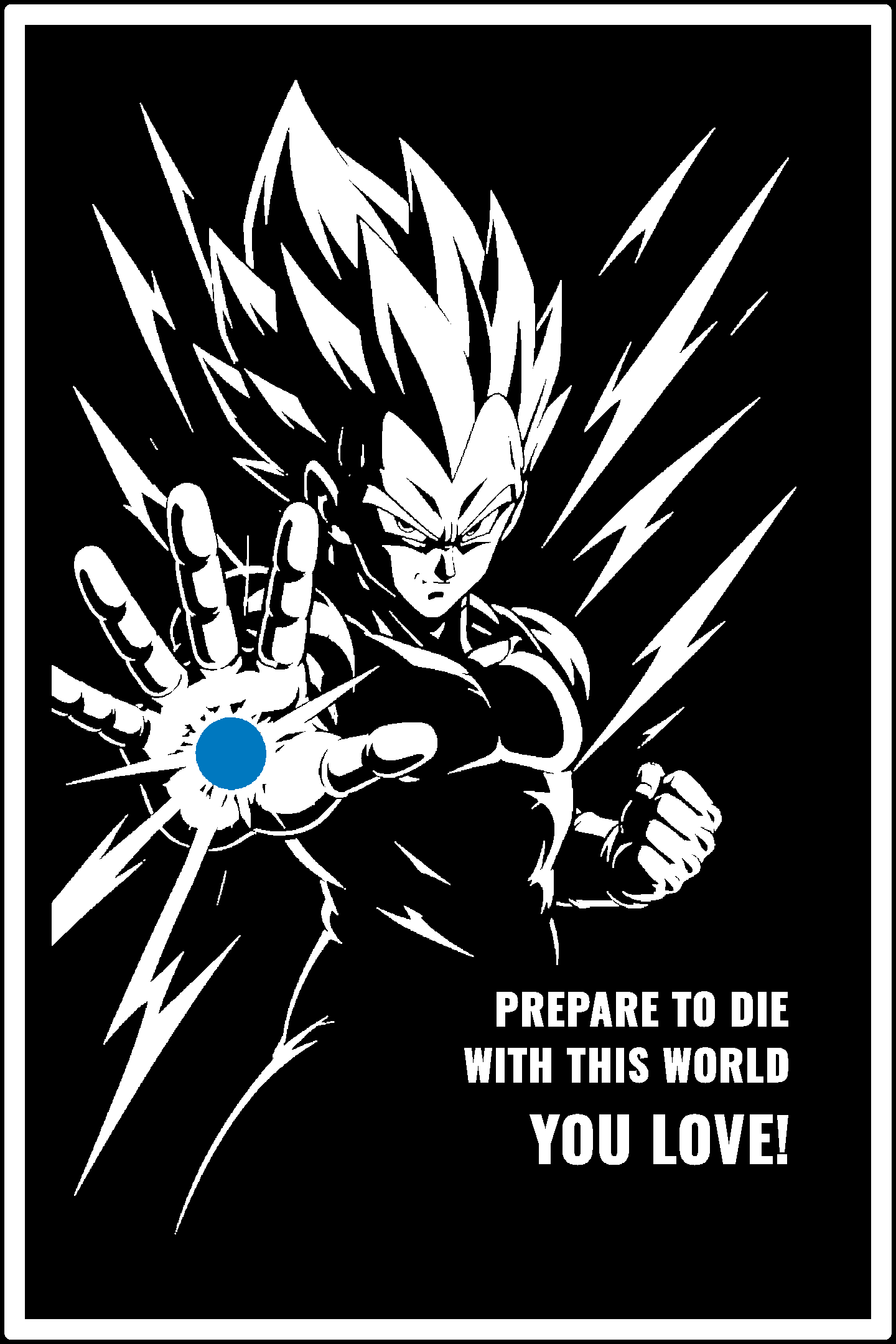 Digital model preview of the Vegeta — Prince Relief Poster, White on Black edition — actual CAD front render, uncropped