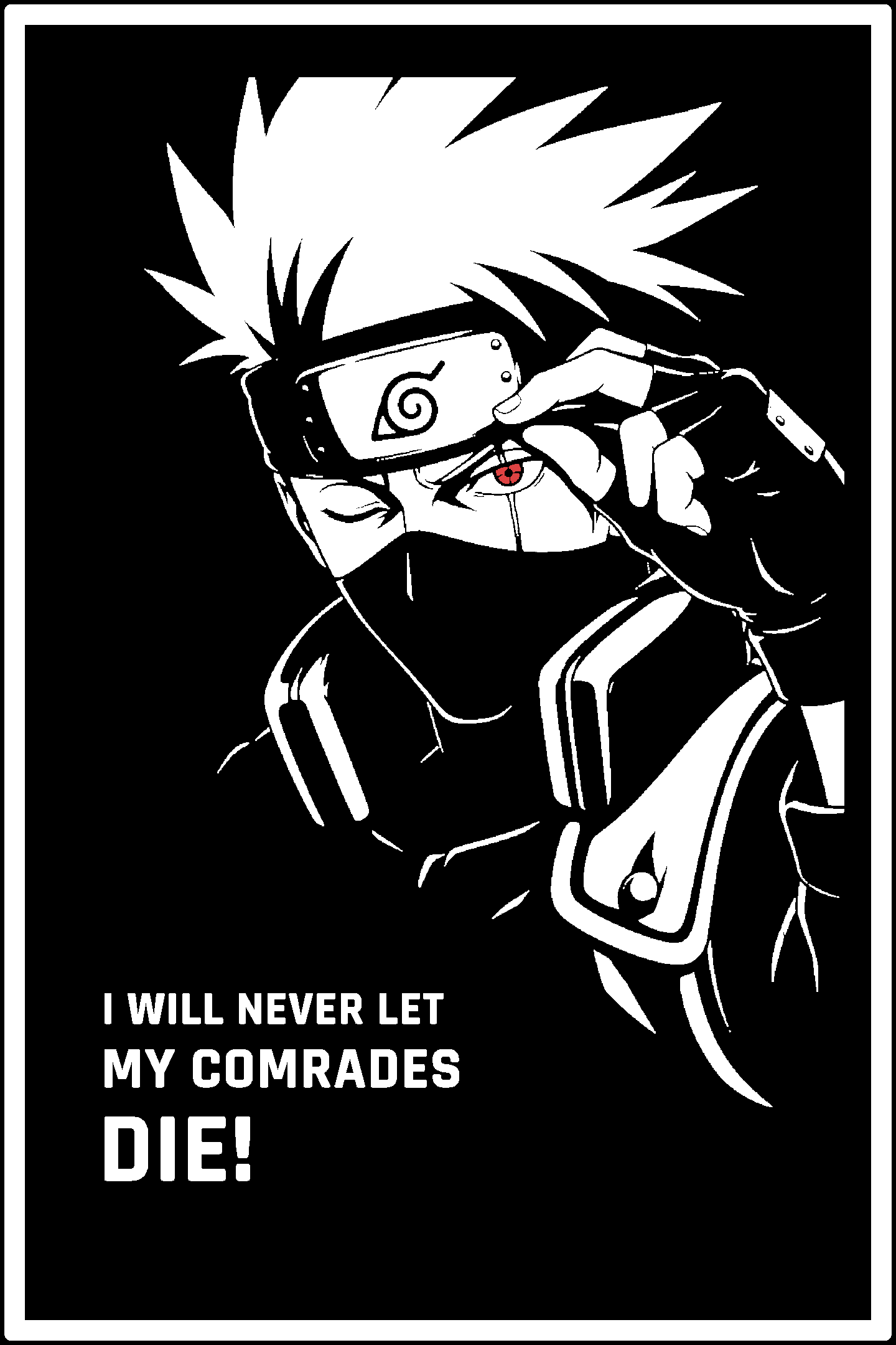 Digital model preview of the Kakashi Hatake — Comrades Relief Poster, White on Black edition — actual CAD front render, uncropped
