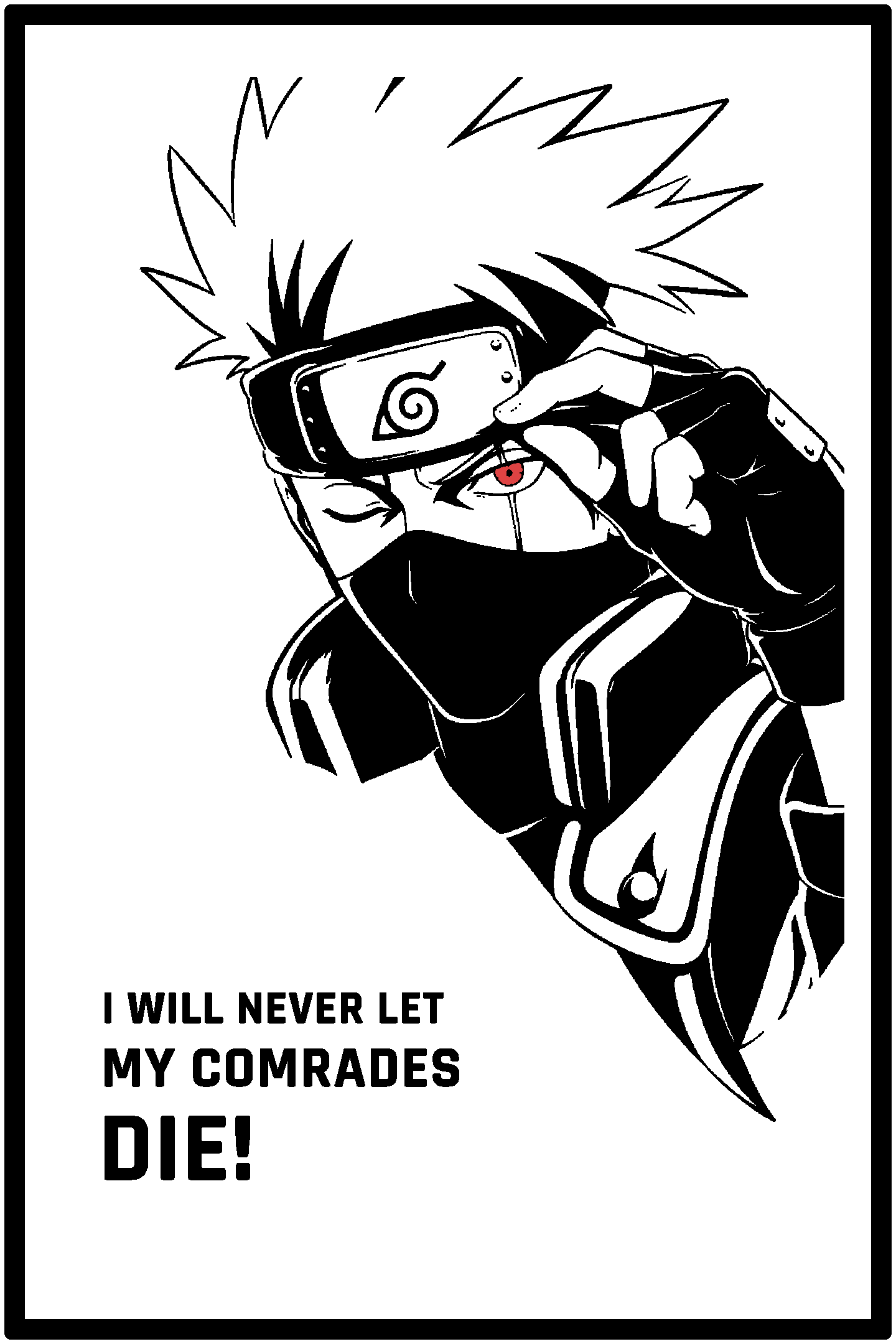 Digital model preview of the Kakashi Hatake — Comrades Relief Poster, Black on White edition — actual CAD front render, uncropped