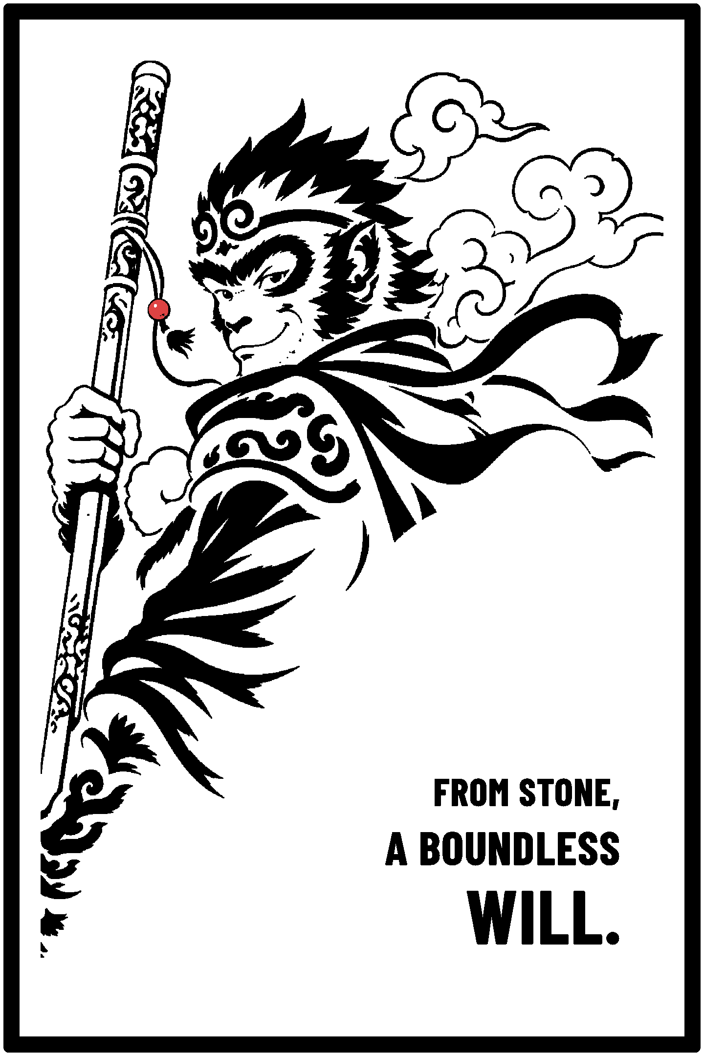 Digital model preview of the Sun Wukong — Heaven Defiant Relief Poster, Black on White edition — actual CAD front render, uncropped