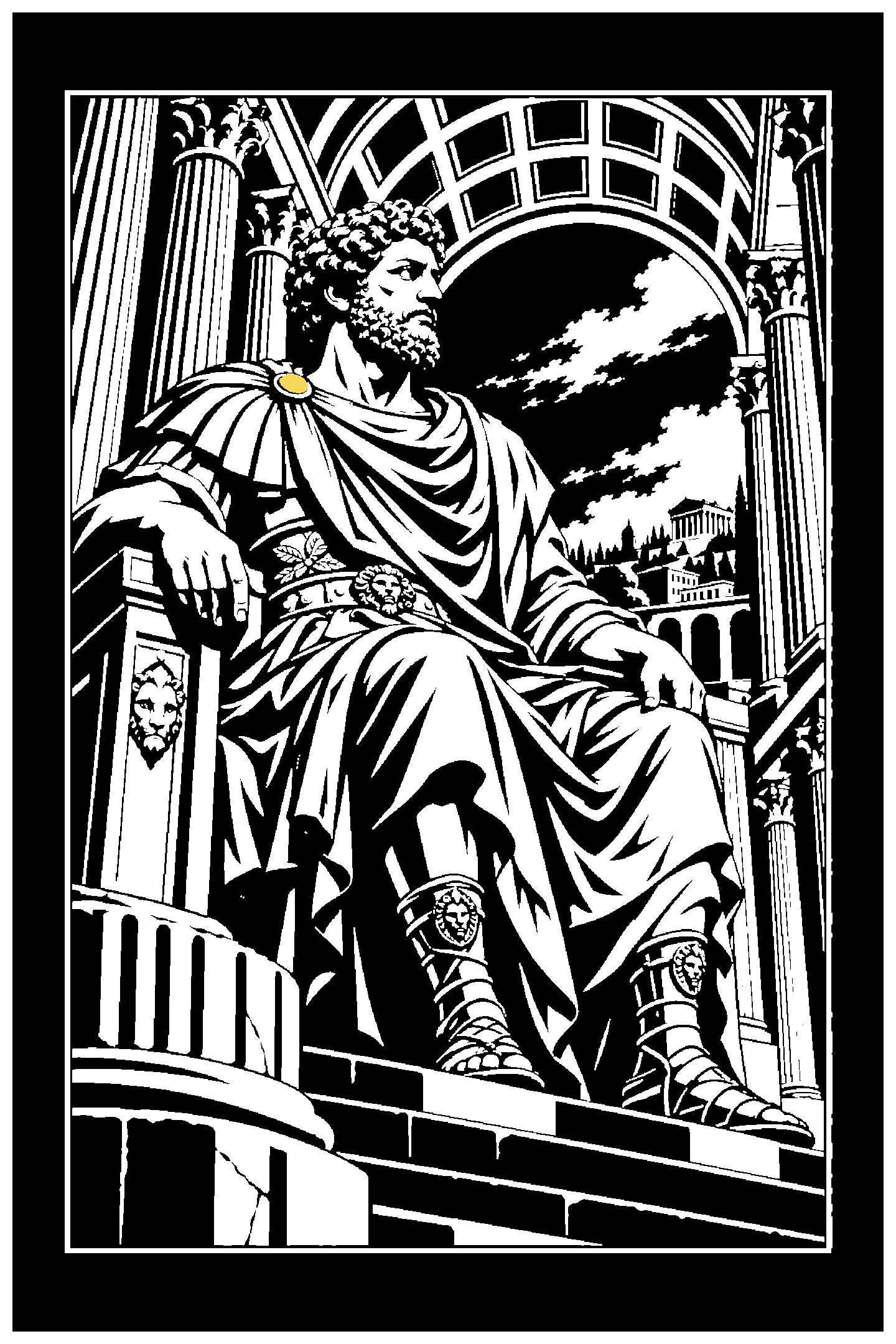 Digital model preview of the Marcus Aurelius — The Inner Citadel Relief Poster, Black + White + Lemon Yellow colorway — actual CAD front render, uncropped