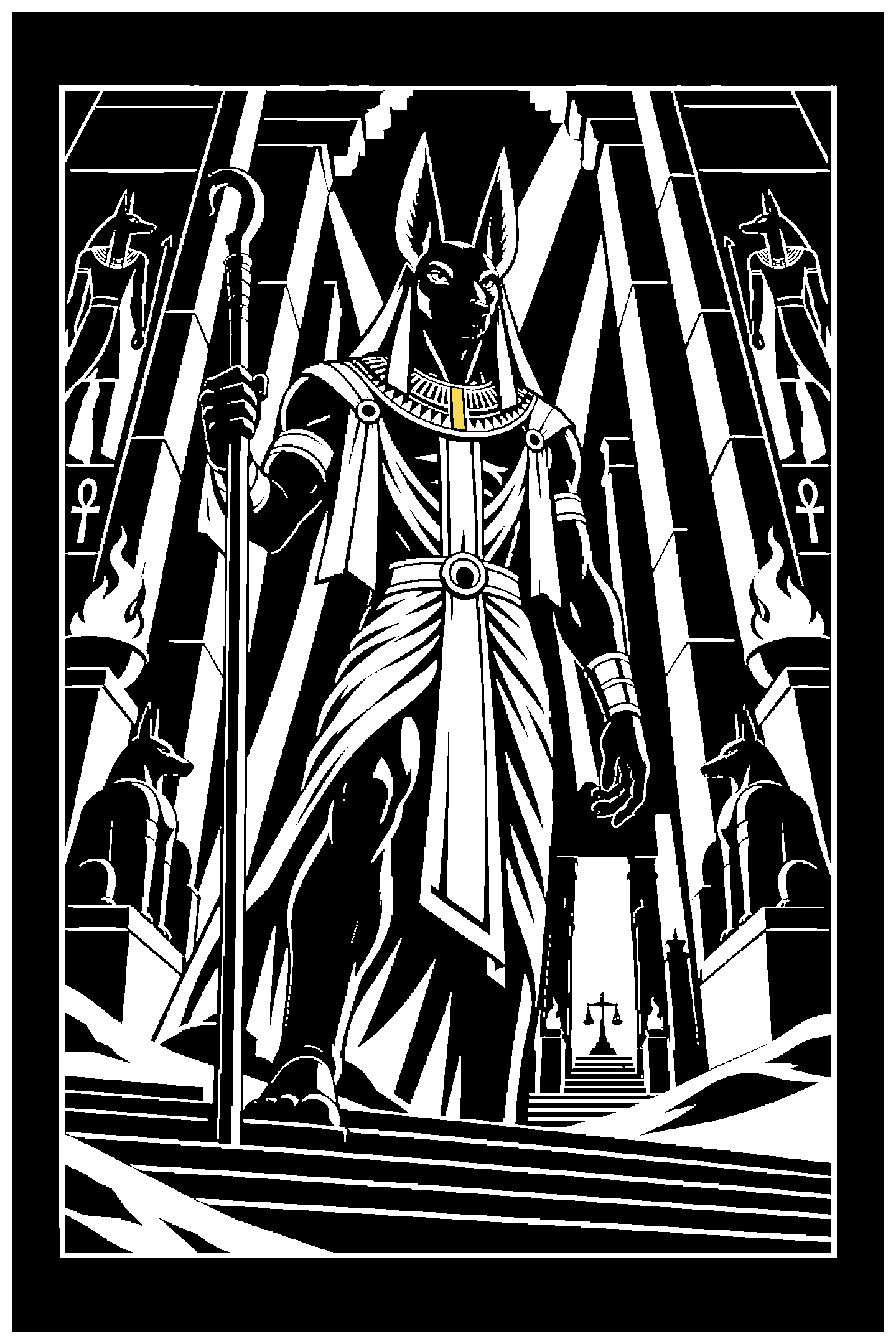 Digital model preview of the Anubis — The Last Threshold Relief Poster, Black + White + Lemon Yellow colorway — actual CAD front render, uncropped