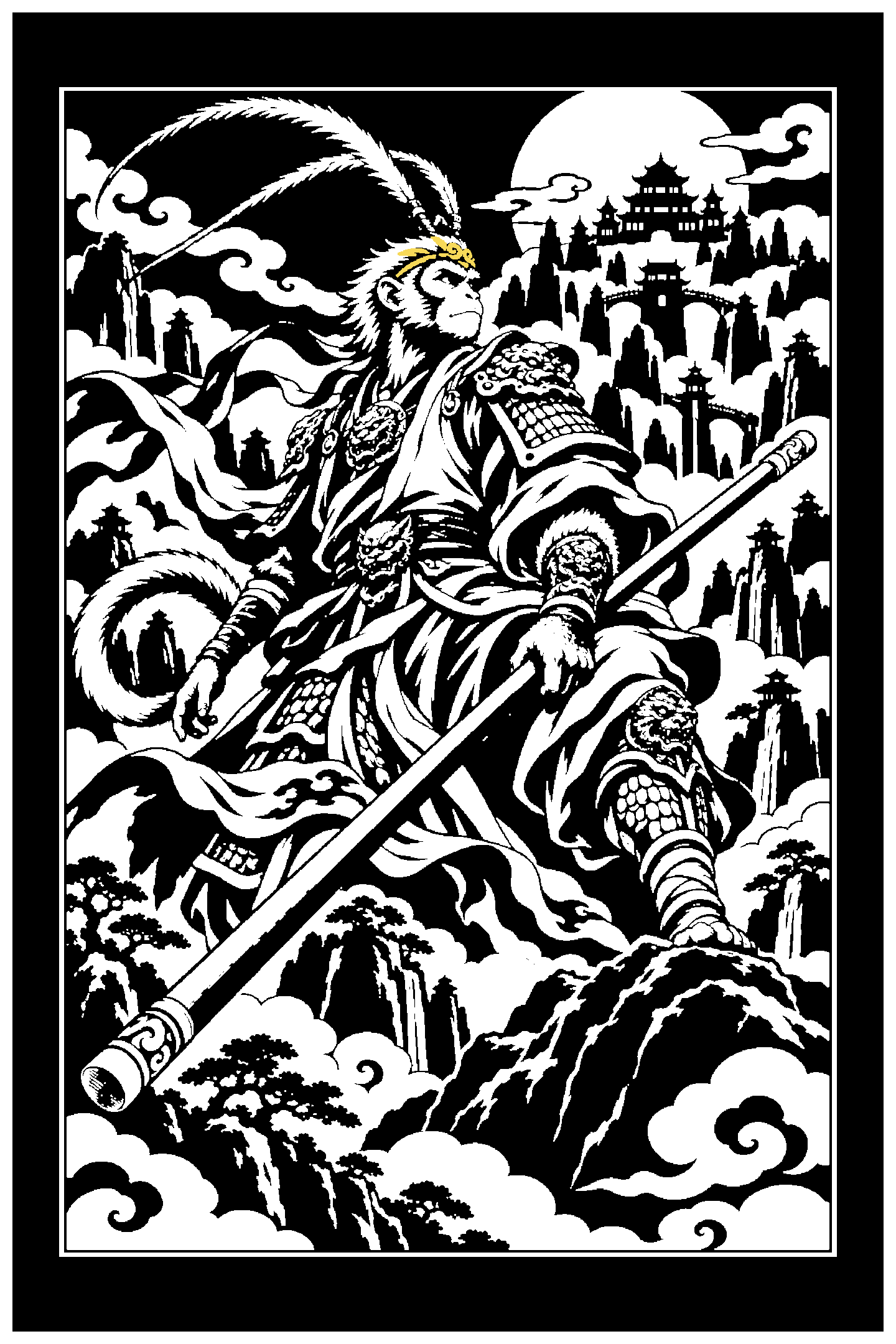 Digital model preview of the Sun Wukong — Beyond Heaven Relief Poster, Black + White + Lemon Yellow colorway — actual CAD front render, uncropped