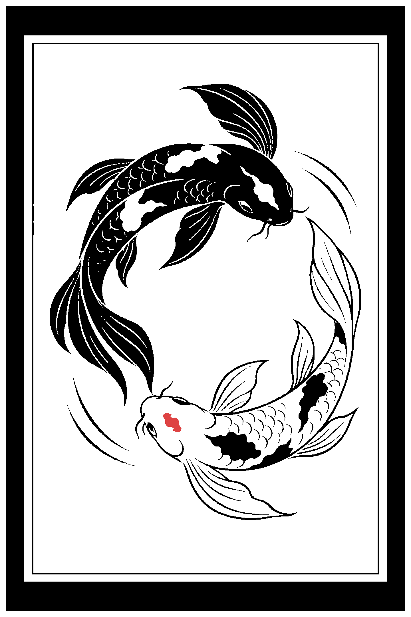 Digital model preview of the Koi pair — In Balance Relief Poster, Black + White + Scarlet Red colorway — actual CAD front render, uncropped